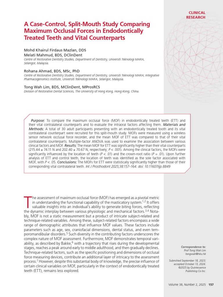 A Case-Control, Split-Mouth Study Comparing Maximum Occlusal Forces in ...