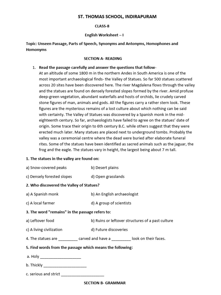 Class 8 English Worksheet I | PDF