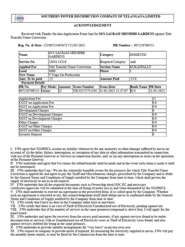3-Phase Connection Charges Acknowledgment | PDF