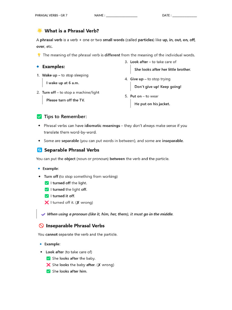 English - Phrasal Verbs GR 7 | PDF