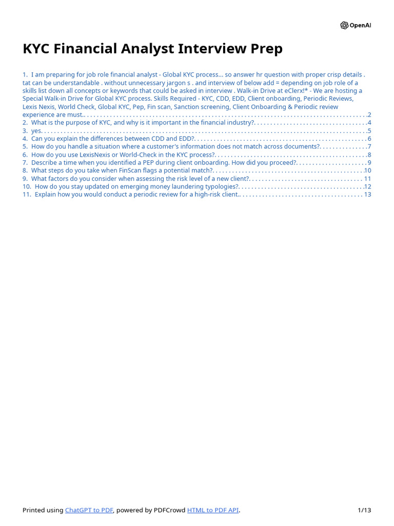 KYC Financial Analyst Interview Guide | PDF | Regulatory Compliance ...
