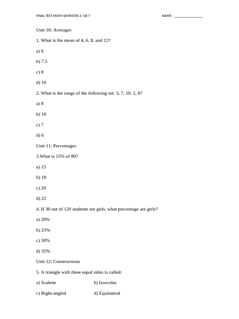 Grade 7 Math Final Test Review | PDF | Triangle | Geometric Shapes
