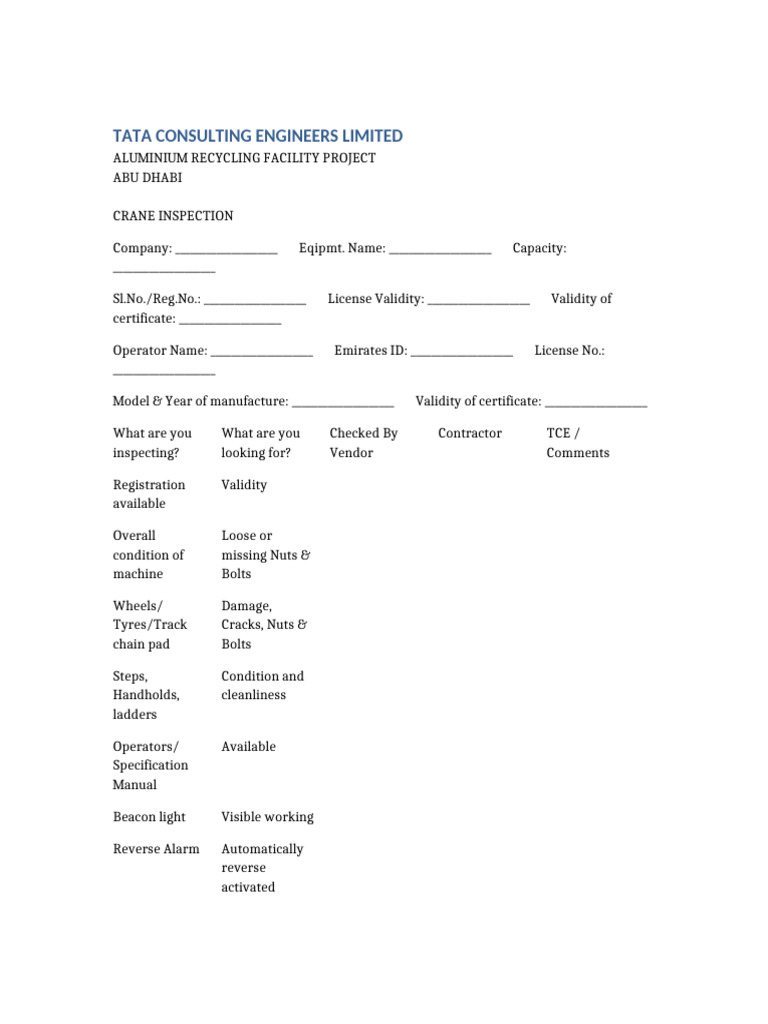 Crane Inspection Checklist for UAE | PDF
