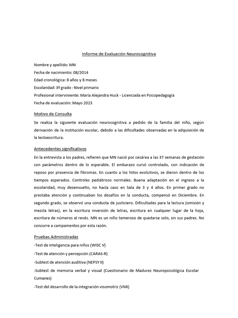 Informe de Evaluación Neurocognitiva Infantil | PDF | Inteligencia ...