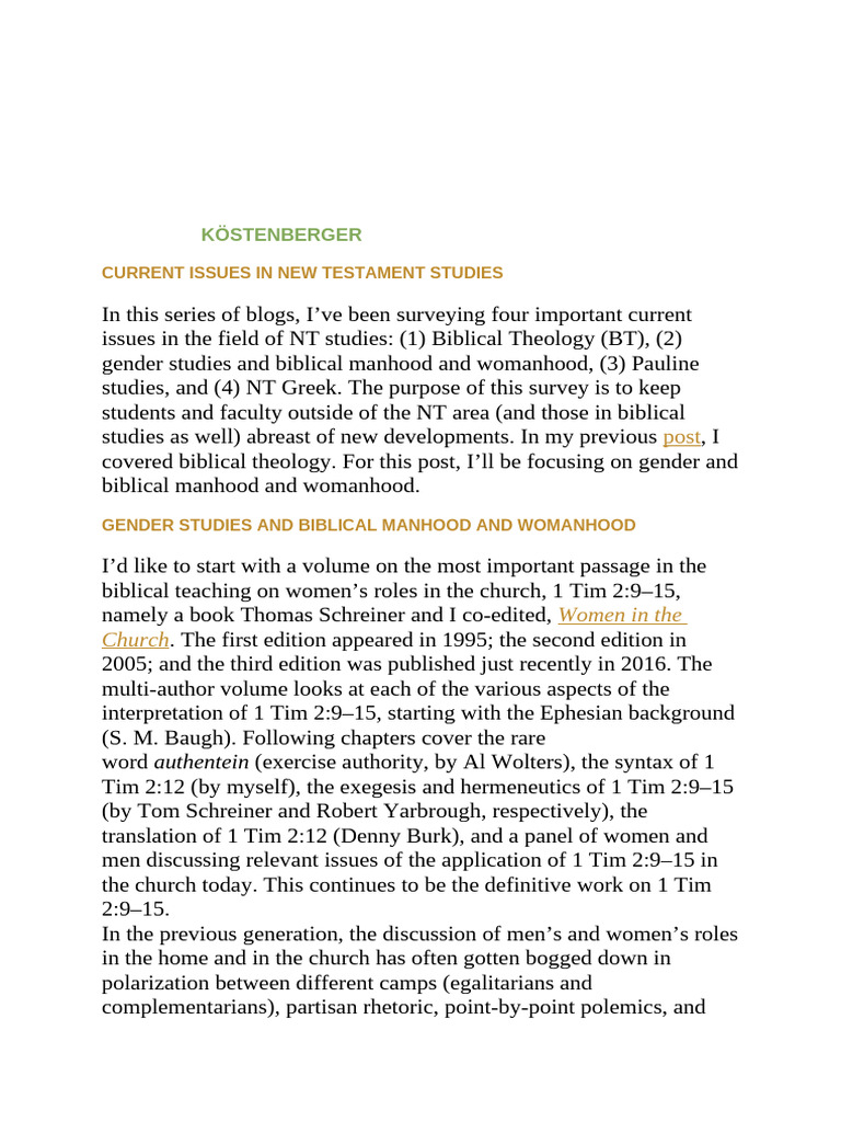 Current Issues in New Testament Studies - Gender Studies and Biblical ...