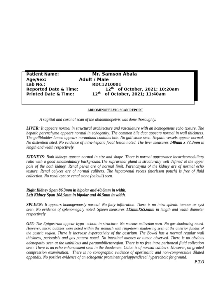 Abdomen-Pelvic Scan Report Summary | PDF | Liver | Kidney