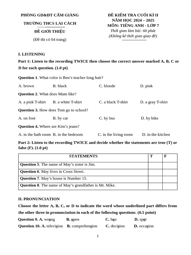 English Exam for 7th Grade Students | PDF