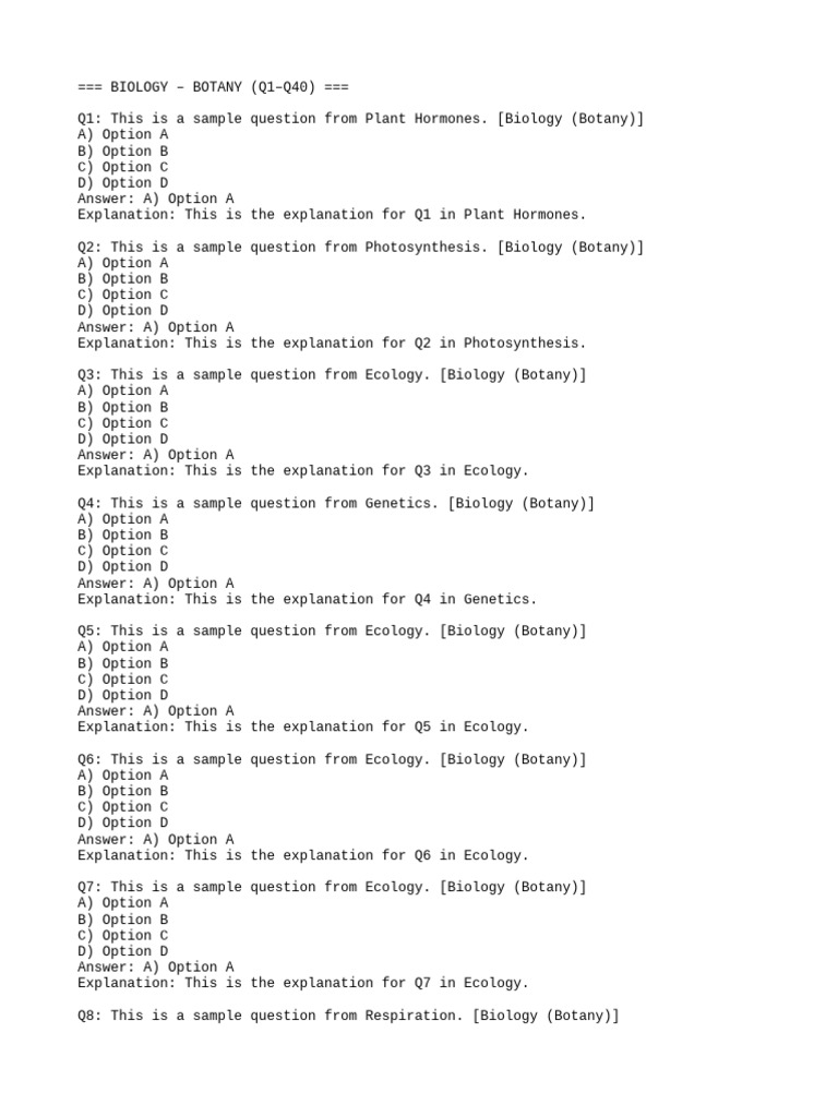 Botany Sample Questions and Answers | PDF | Zoology | Botany