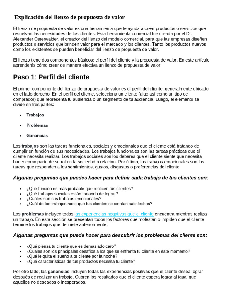 Explicación Del Lienzo de Propuesta de Valor | PDF | Cliente | Economias