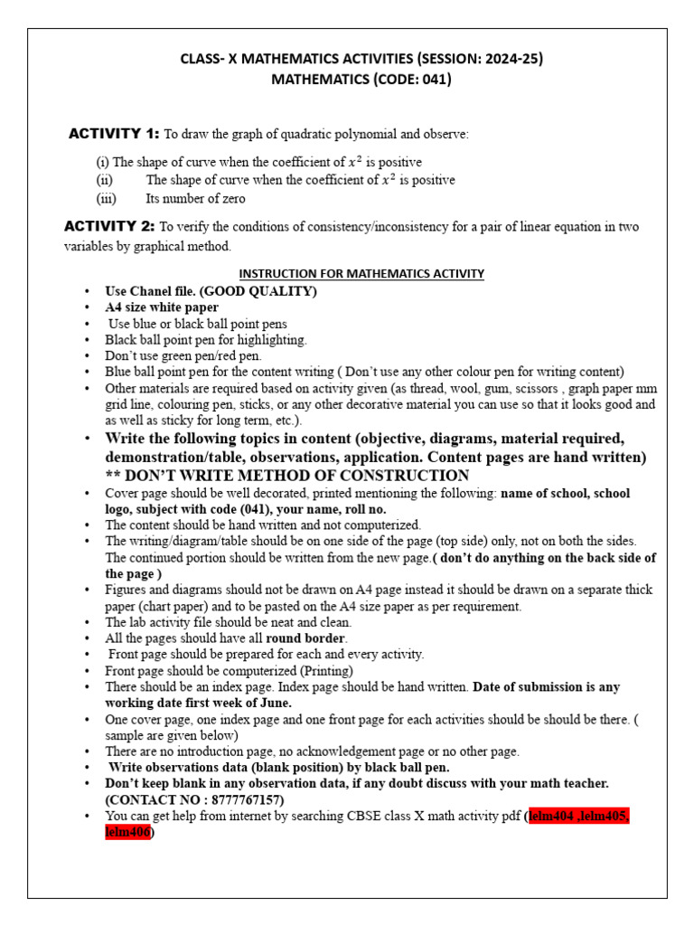 Class X Math Activity Instructions | PDF | Equations | Mathematics