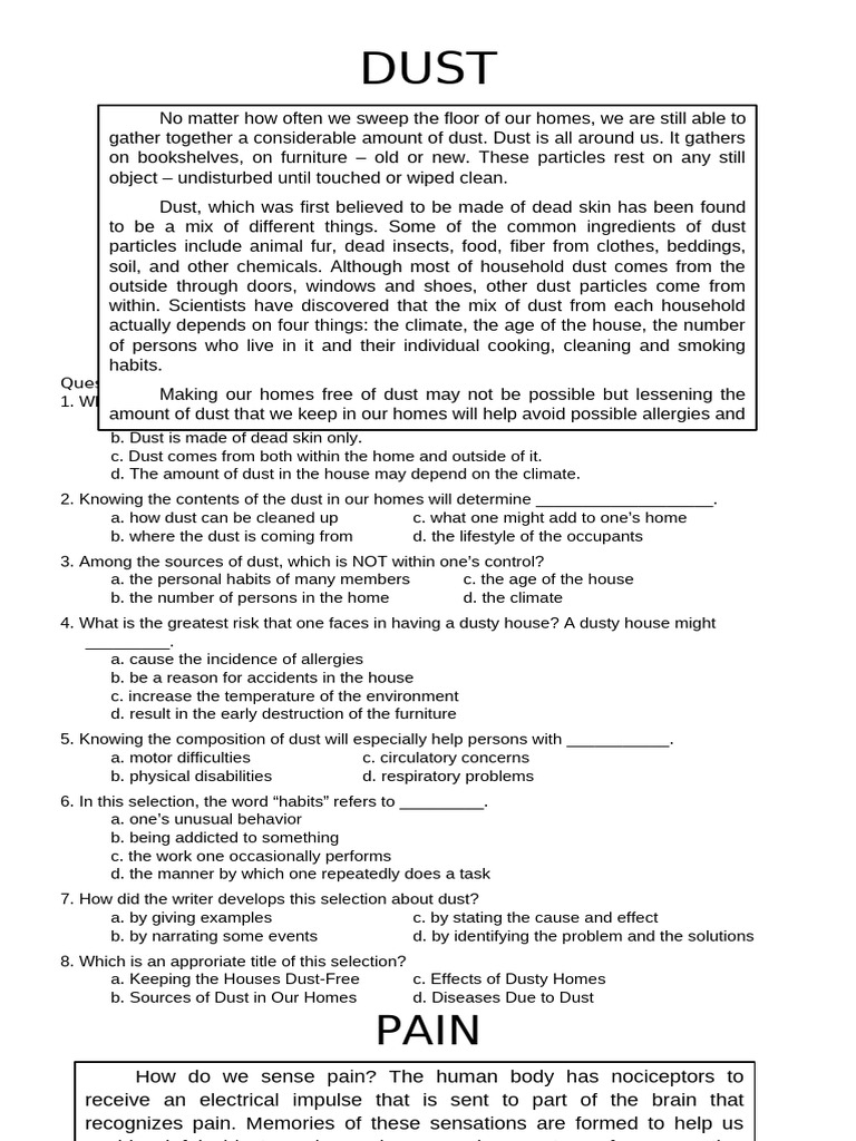 DUST and PAIN Reading | PDF | Pain | Dust