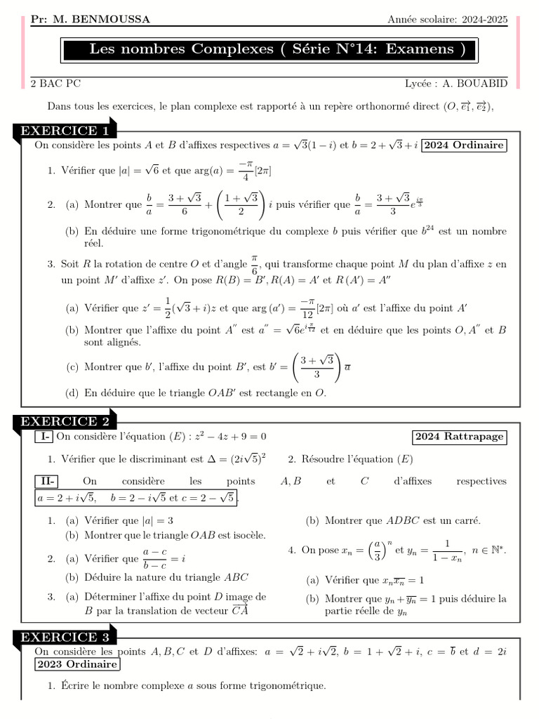 Exercices sur les Nombres Complexes en BAC PC | PDF | Nombre complexe ...