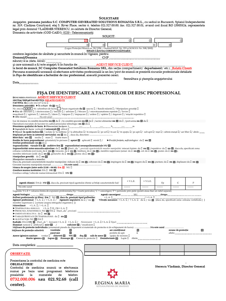 Fisa de Riscuri - Agent Servicii Clienti - NOAPTE | PDF