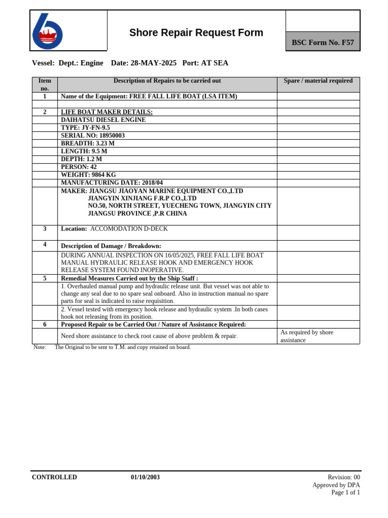 Free Fall Lifeboat Hook Repair Request | PDF