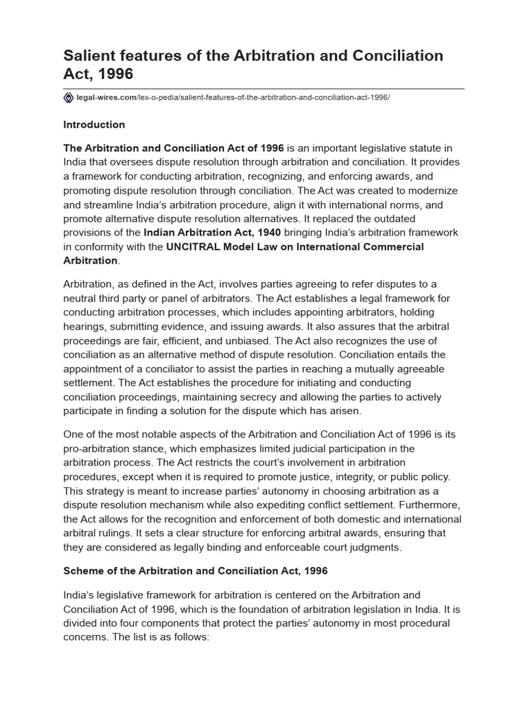 Key Features of ADR Act 1996 | PDF | Arbitration | Arbitral Tribunal
