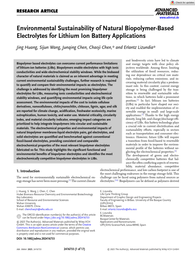 Biopolymer Electrolytes for Sustainable LIBs | PDF | Electrolyte | Life ...