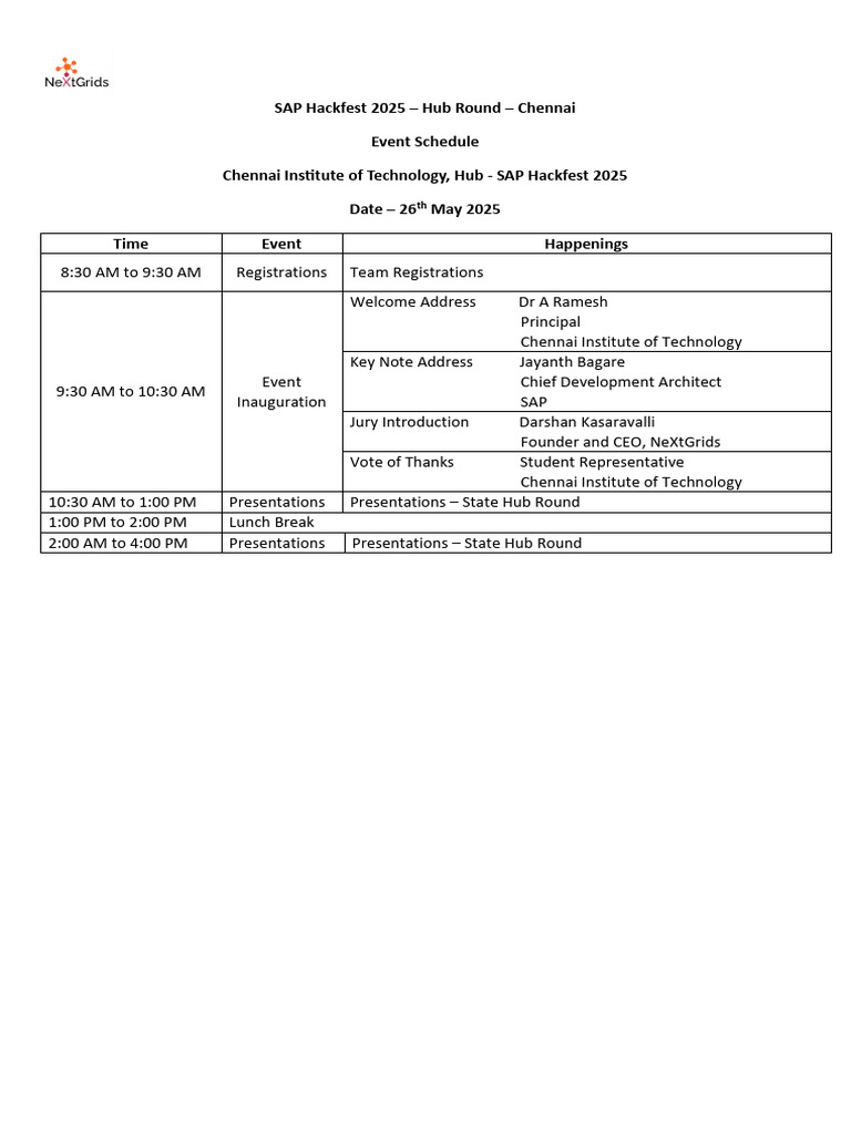 SAP Hackfest 2025 Schedule - Chennai | PDF