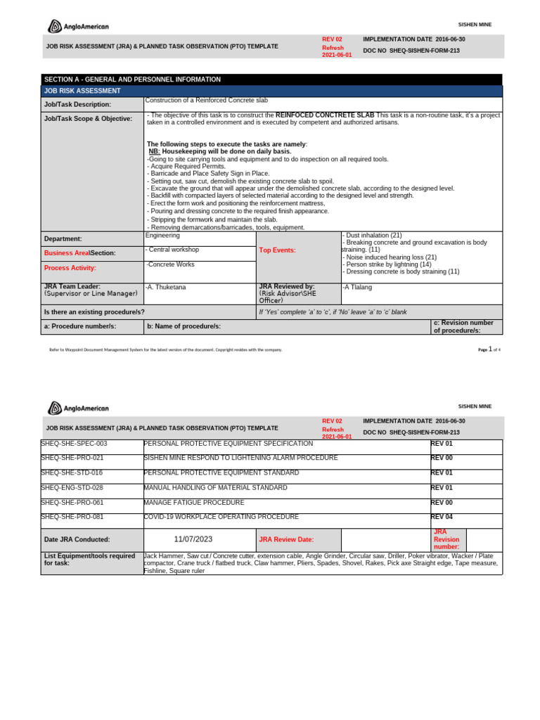 Bricklayer SWMS for Concrete Slab Work | PDF | Personal Protective ...