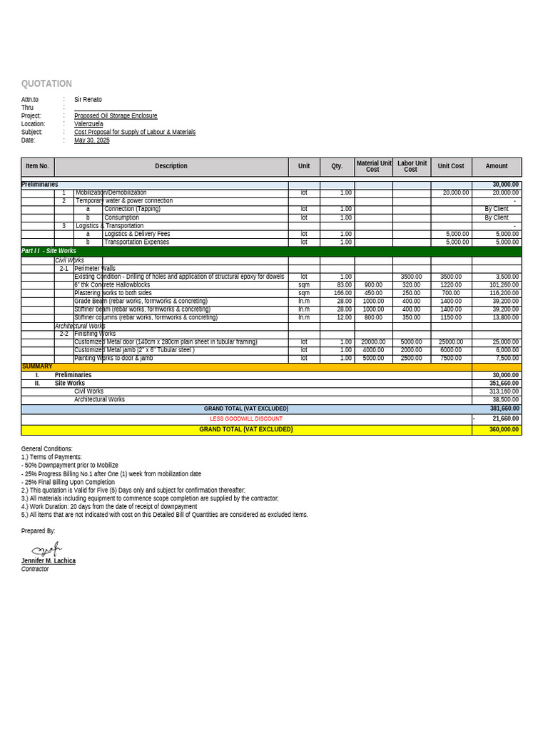 Cost Proposal for Oil Storage Project | PDF | Materials | Structural ...