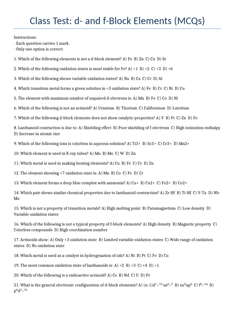 Actinoids in d-Block Elements Test | PDF | Transition Metals | Iron