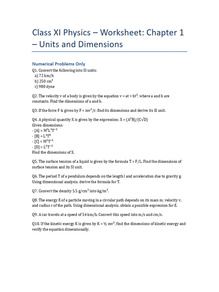 Class 11 Physics: Units & Dimensions Worksheet | PDF