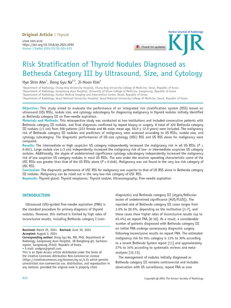 (KJR) Risk Stratification of Thyroid Nodules Diagnosed As Bethesda ...