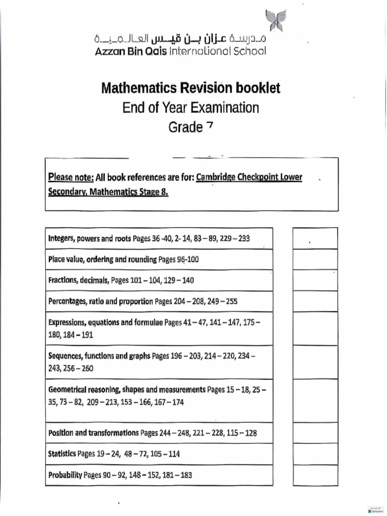 End of Year 7 Exam Revision Booklet | PDF
