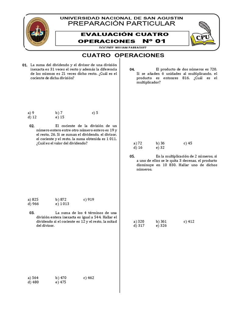 Ejercicios de Cuatro Operaciones Matemáticas | PDF