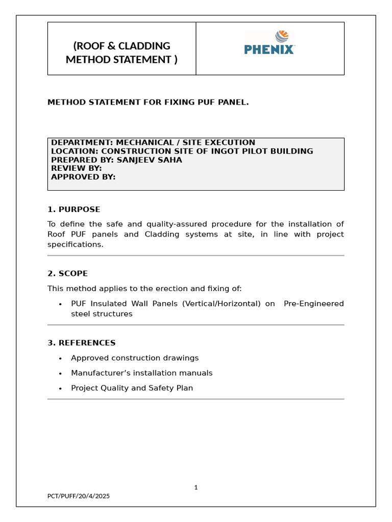PUF Panel Installation Method Statement | PDF | Crane (Machine ...