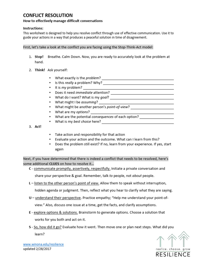Conflict Resolution Worksheet for Couples | PDF | Conflict Resolution ...