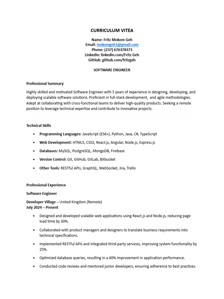 Software Engineer Curriculum Vitae | PDF | Software Development | Web ...