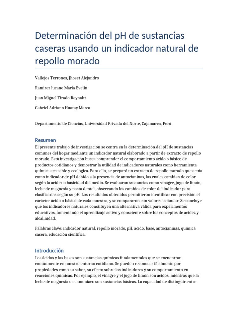 Proyecto Quimica Indicador Natural Repollo Morado | PDF | Ph | Ácido