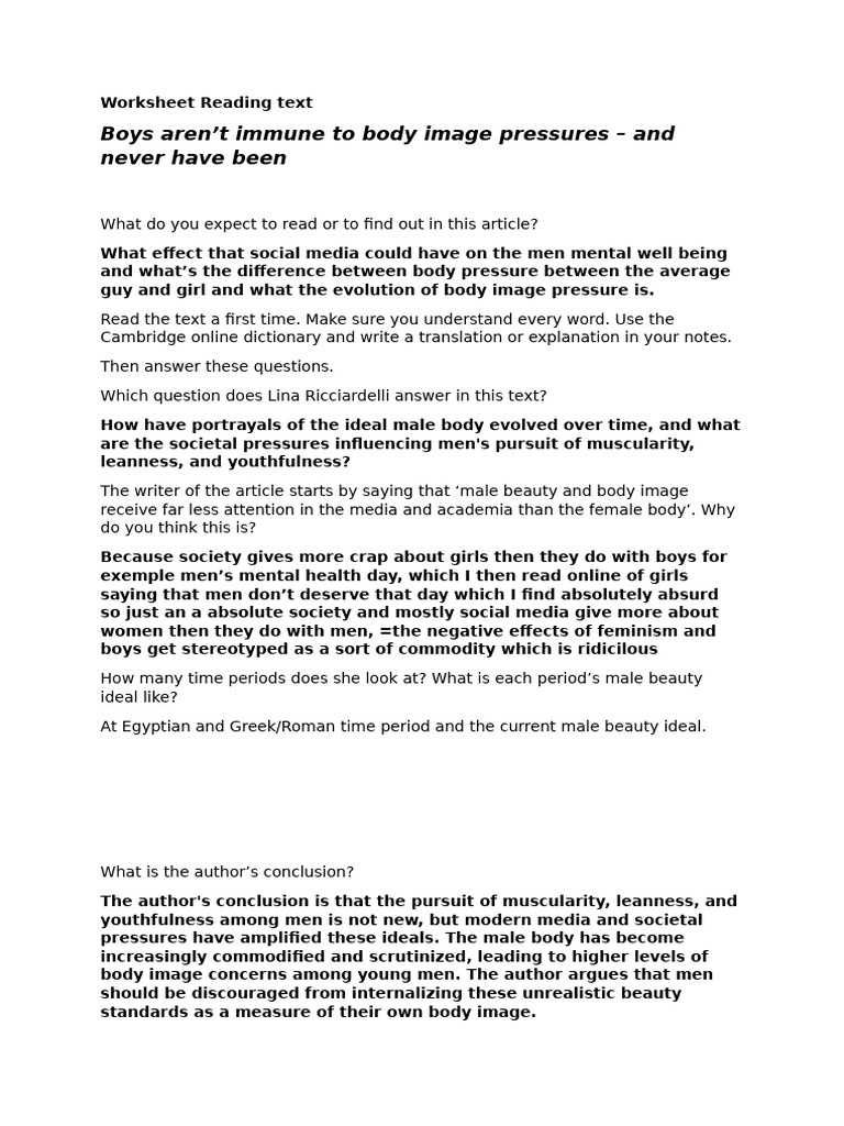 2025 ENG 5 Worksheet Reading Text Boys Aren't Immune To Body Image