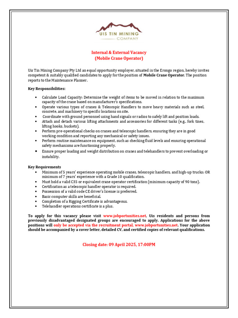 Mobile Crane Operator Vacancy Announcement | PDF