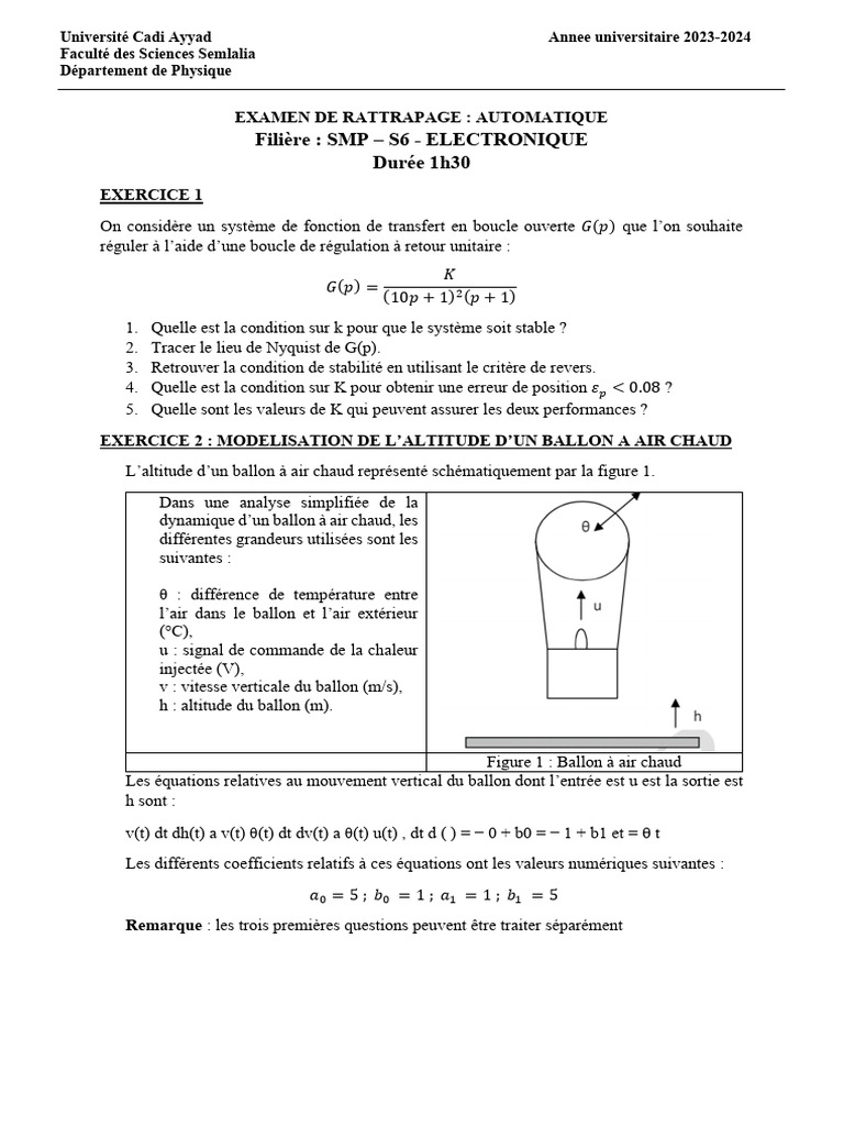 Examen de rattrapage en automatique S6 | PDF | Régulation ...