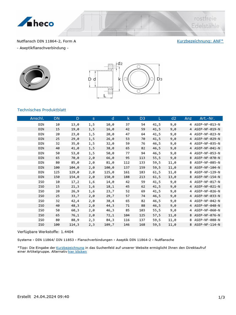 Heco Produktblatt 6301 Edelstahl DIN 11864 DIN 11853 ...