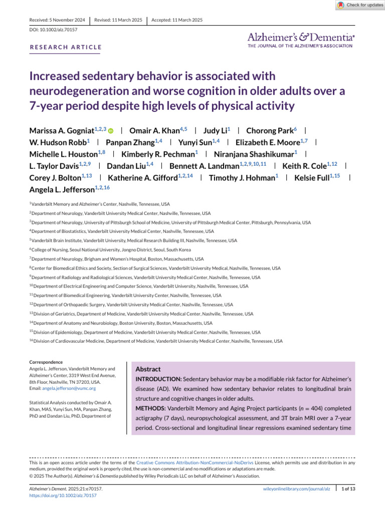 Sedentary Behavior and Cognitive Decline | PDF | Apolipoprotein E ...