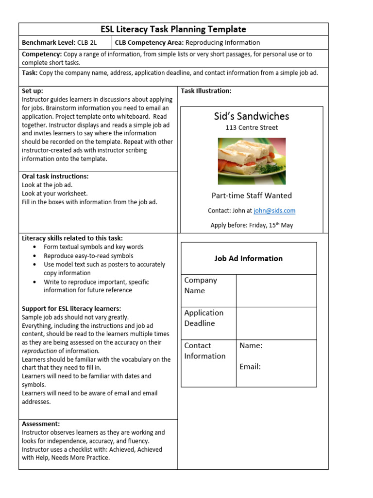 ESL Job Application Literacy Template | PDF | Literacy | Behavior ...
