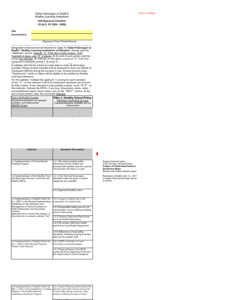Healthy Learning Institutions Checklist | PDF | Hand Washing | Policy