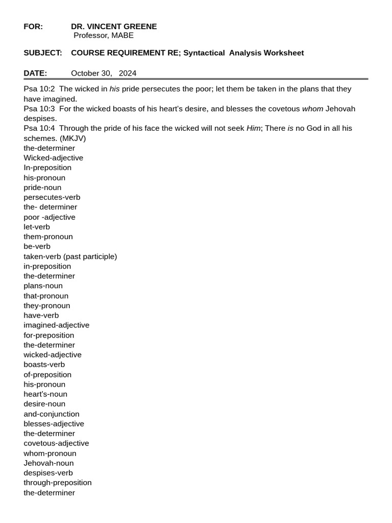 Snytactical Analysis Worksheet | PDF | Verb | Adverb
