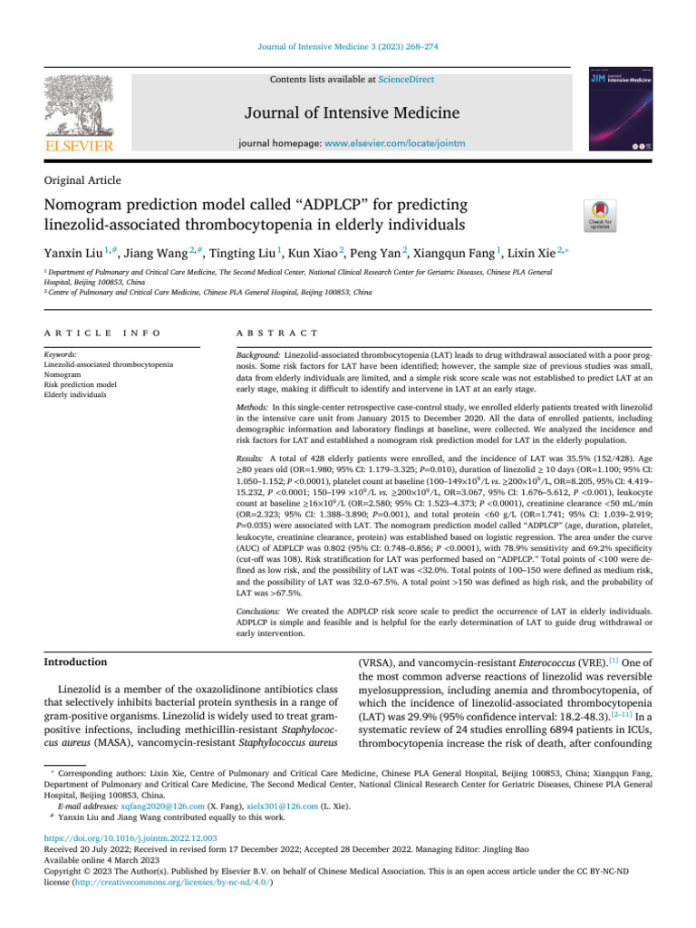Nomogram Prediction Model Called ADPLCP For Predicting 2023 Journal of ...