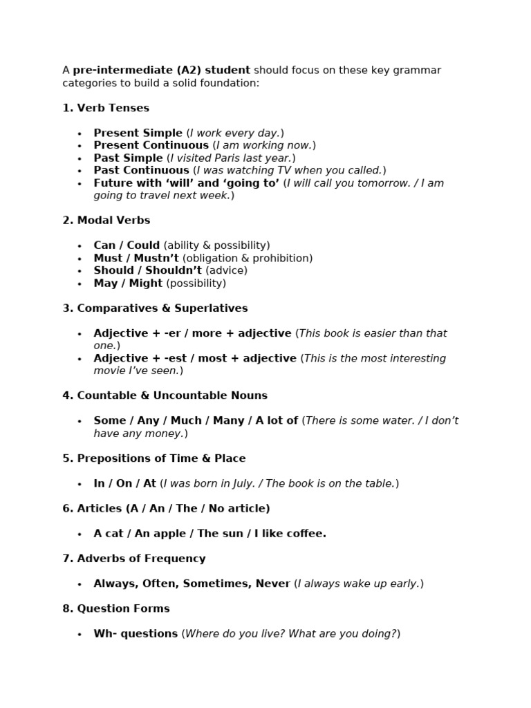 A2 Level Grammar Essentials Guide | PDF