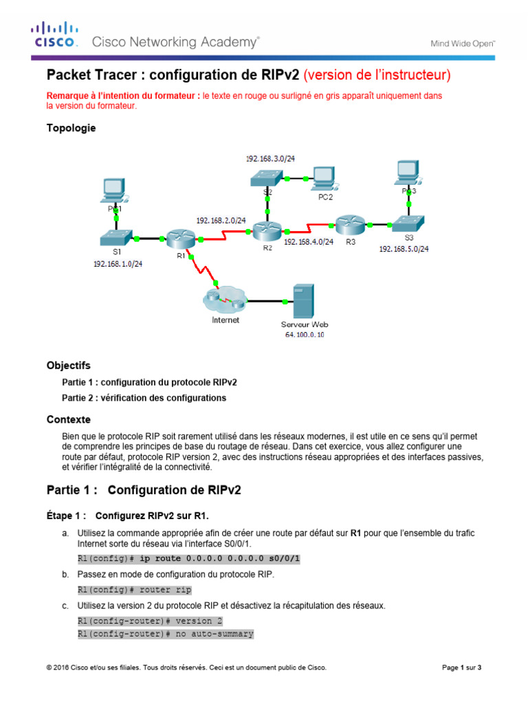 Configuration RIPv2 avec Packet Tracer | PDF | Routage | Protocoles réseau