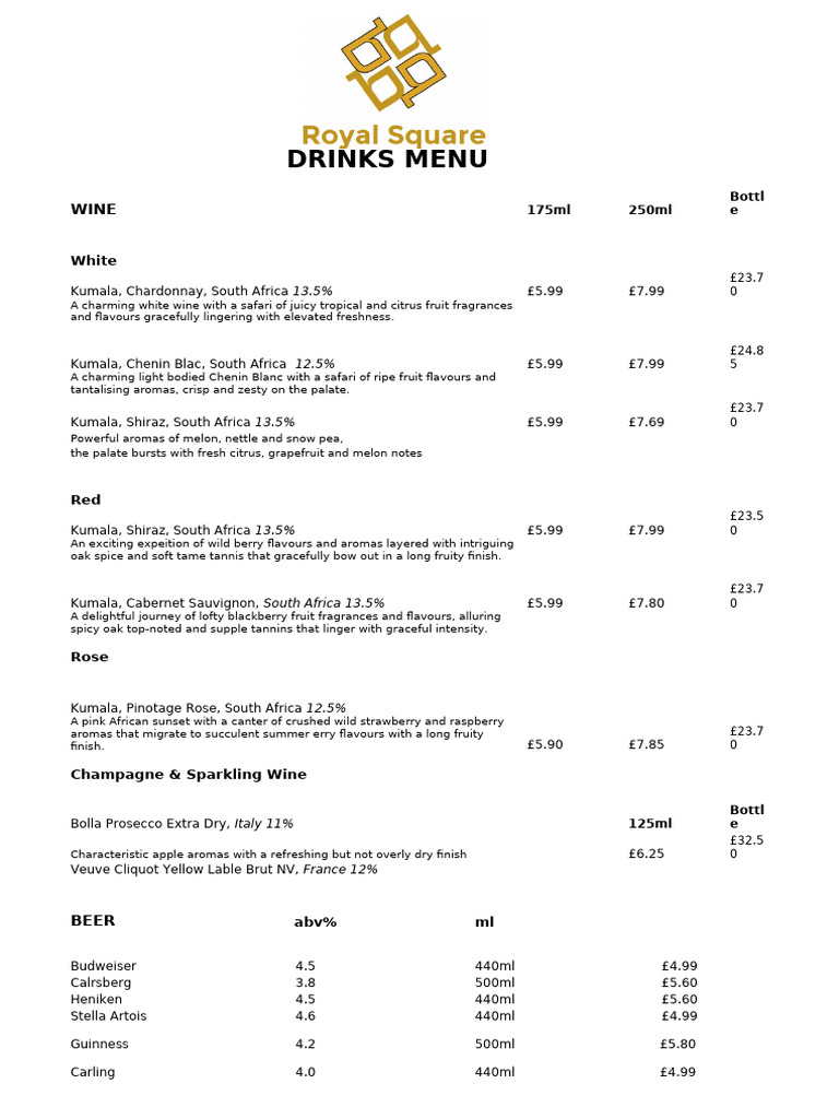 Drinks Menu with Prices and Options | PDF | Drink | Whisky