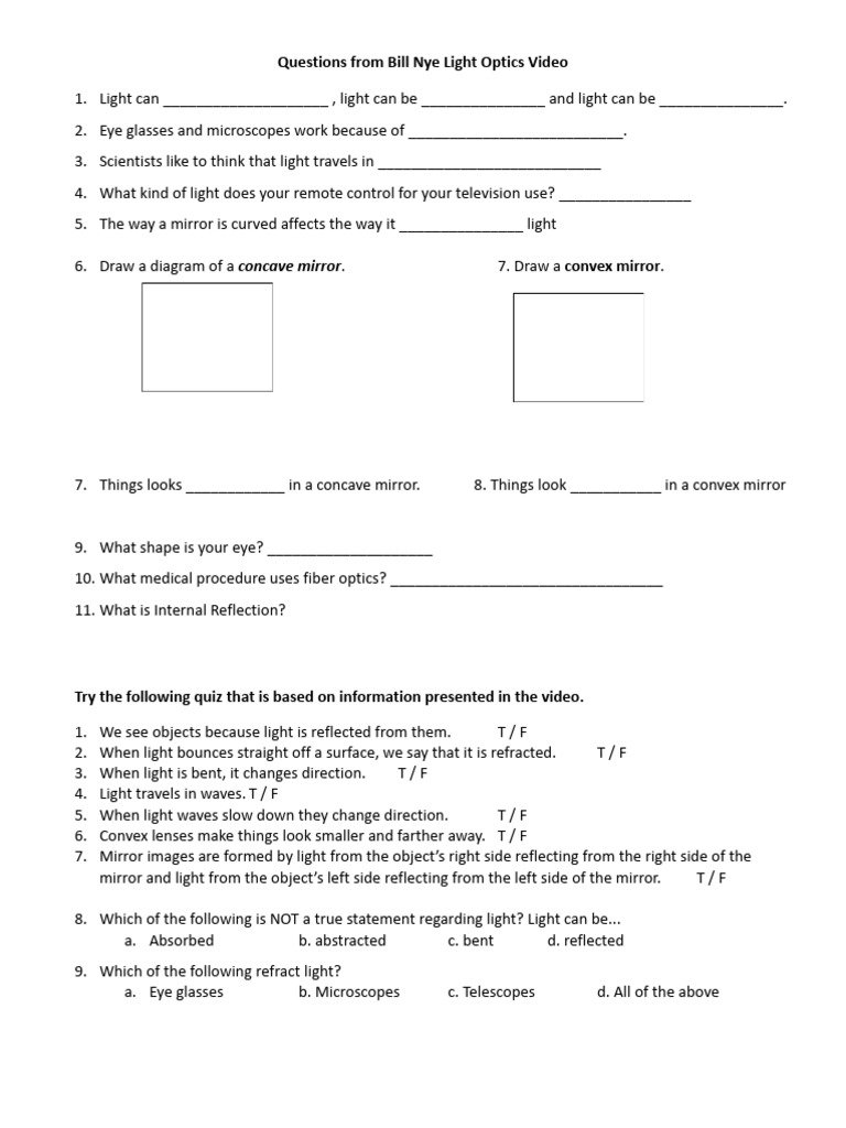 Bill Nye Light Optics Questions | PDF