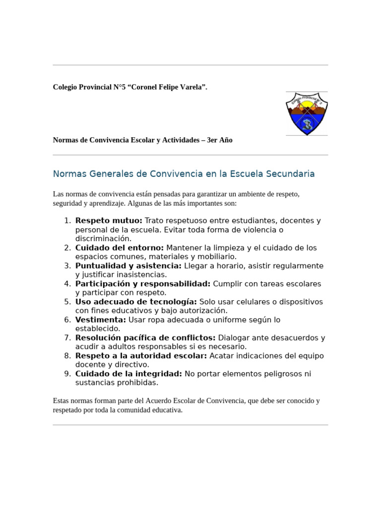 Normas de Convivencia Escolar 3er Año | PDF | Comportamiento | Escuelas