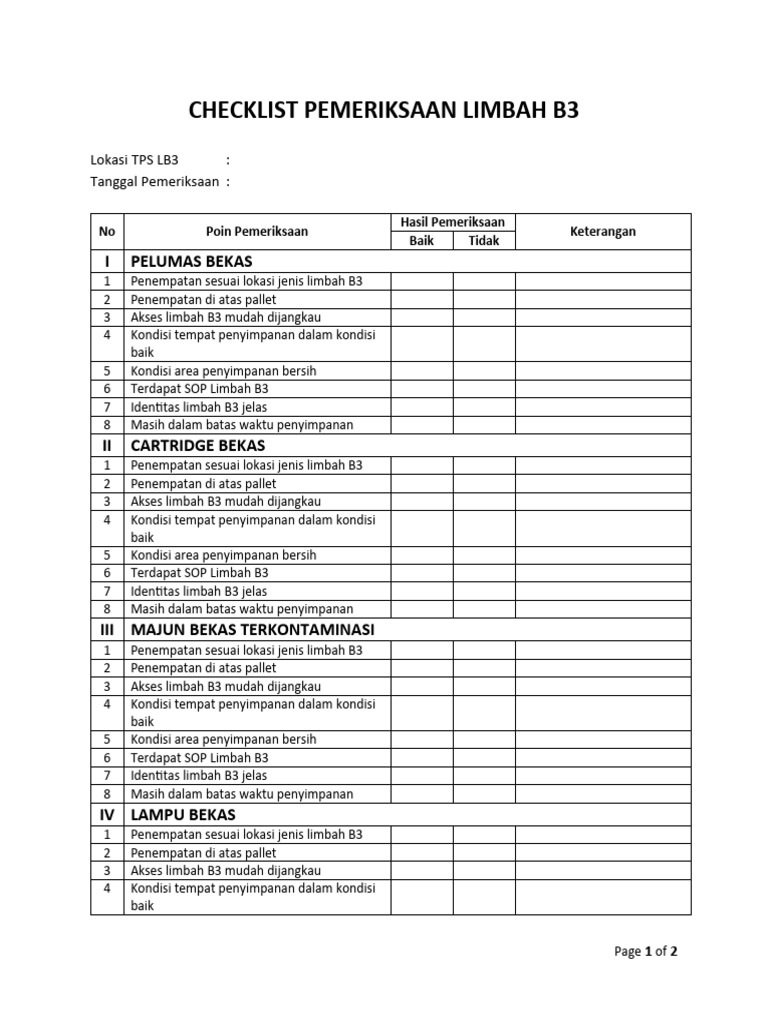 Checklist Pemeriksaan Limbah B3 | PDF