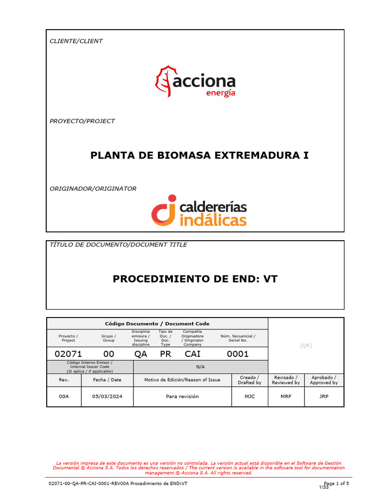 01.00 02071 00 Qa PR Cai 0001 Rev00a Procedimiento de End VT | PDF ...