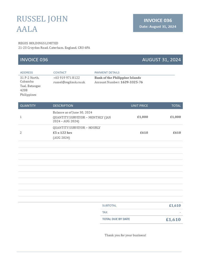 Invoice 036 - Russel John Aala - Jan To Aug 2024 | PDF