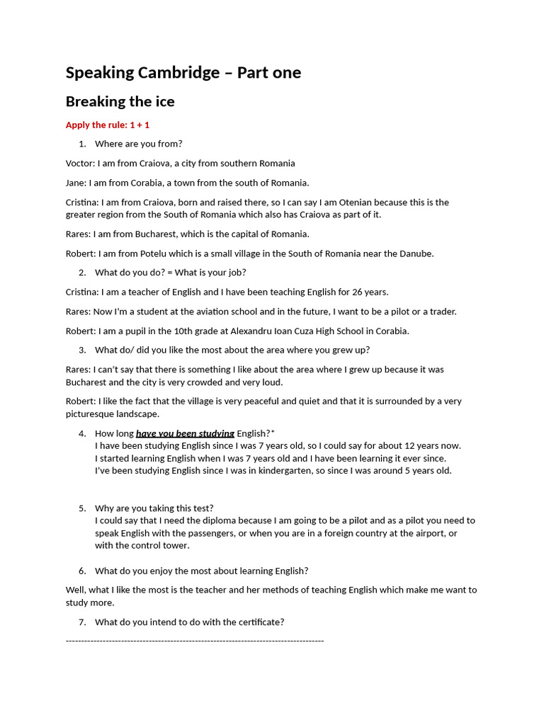 Speaking CAE Part 1 | PDF | Romania | English Language